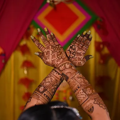 A classic bridal pose showcasing the full arm mehendi. The design combines geometric patterns with floral bands, creating a rich and textured look perfect for a bride.