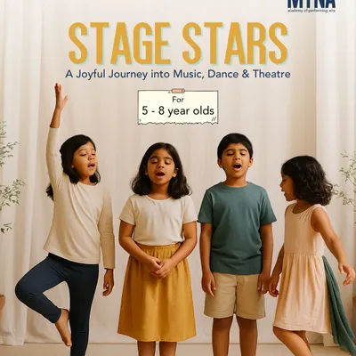 This poster introduces our 'Stage Stars' program, a joyful journey into music, dance, and theatre designed specifically for children aged 5 to 8. It's all about helping them shine with confidence and creativity.