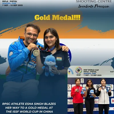 A historic gold medal for our athlete Esha Singh at the ISSF World Cup in China. This image captures the joy of her triumph on the podium, a moment that represents the culmination of countless hours of precision training and unwavering focus.