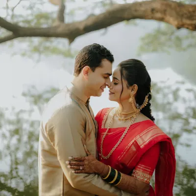 An intimate close-up of Janhavi and Yash. By getting close, I can capture the subtle expressions and the deep connection that words can't describe, set against a soft, natural background.