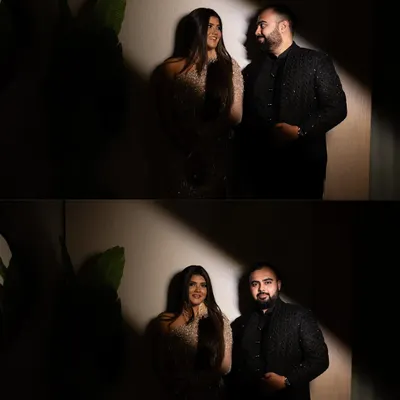 A moody and romantic collage of a couple's after-party shoot, using dramatic lighting and shadows to create an intimate atmosphere.