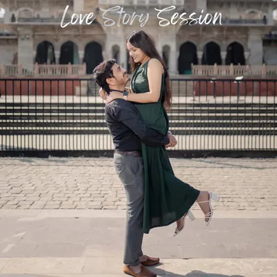 A playful lift in front of the Albert Hall Museum. This location offers a stunning architectural backdrop for both fun and formal pre-wedding portraits in Jaipur.