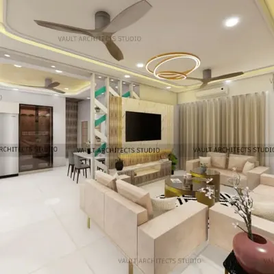 This 3D render shows a spacious and luxurious open-plan living and dining area. We used a neutral color palette, comfortable seating, and strategic lighting to create a welcoming and cohesive space for the entire family.