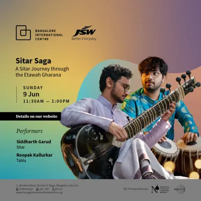 An announcement for "Sitar Saga," a journey through the Etawah Gharana at the Bangalore International Centre. I will be accompanying Siddharth Garud on sitar for this special performance.