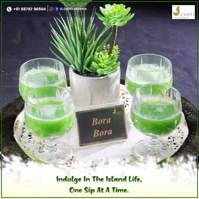 Indulge in the island life, one sip at a time. These vibrant green 'Bora Bora' mocktails are a refreshing and tropical addition to any event.
