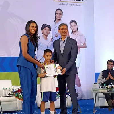 This is what high-level competition looks like. Here is one of our young champions from the Rohini academy receiving his award from the one and only PV Sindhu at the PNB MetLife Junior Badminton Championship.