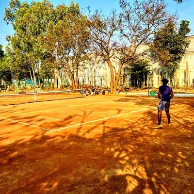 A wide view of our beautiful clay courts in Yelahanka, Bangalore. We provide a peaceful yet professional environment for players to train and excel.