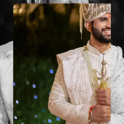 A stylish and modern groom portrait, with a creative black and white collage effect that highlights his confident smile and regal wedding attire.