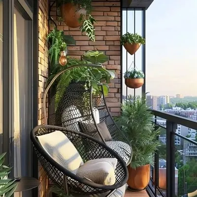 This cozy corner features modern black wicker swing chairs against an exposed brick wall. With comfortable cushions and surrounded by hanging plants, it’s an inviting spot to unwind with a view of the city.