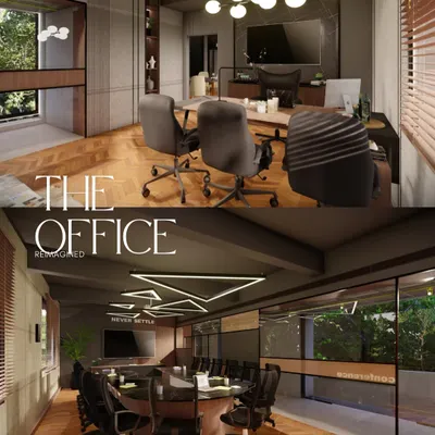A collage showcasing a reimagined office space with sophisticated wooden flooring and modern lighting. The design includes a private director's cabin and a large conference room with glass walls, promoting both focus and transparency.
