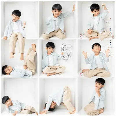 Let's think outside the box! This fun composite photo is a fantastic way to showcase a child's many moods and playful energy, all in one picture. Perfect for celebrating a birthday milestone!