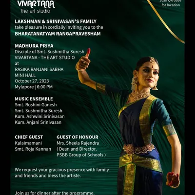 The official invitation for my student Madhura Priya's Arangetram. This marks the culmination of years of dedicated training and the beginning of her journey as a solo performer.
