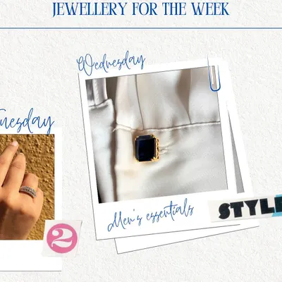 This collage offers a glimpse into how different pieces can define the mood of your day. It features a custom gemstone cufflink for a mid-week formal look, showing how a single detail can elevate an entire outfit.