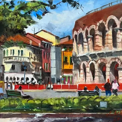 A memory from my painting trip to Italy last year, this is an oil on linen painting of Verona. I love to paint my memories, bringing the vibrant colors and light of the city to life on canvas.