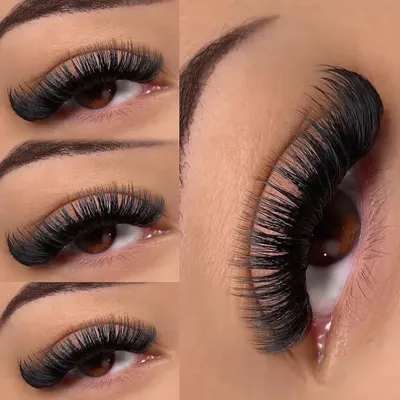 This collage showcases a stunning mega volume set from every angle. You can see the density, the perfect fan placement, and the dramatic curl that defines this popular lash style.
