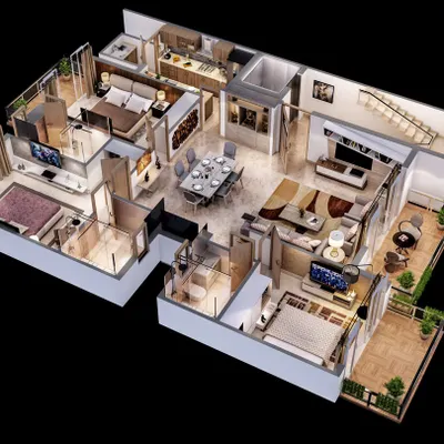 A furnished 3D floor plan of a three-bedroom apartment. This rendering clearly shows the relationship between the living room, dining area, kitchen, bedrooms, and outdoor balcony space.