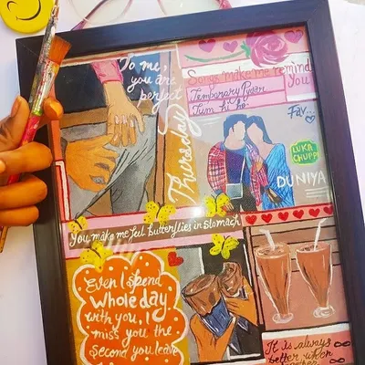 This is a custom hand-painted mood board I created for a client. It combines their favorite song lyrics, inside jokes, and illustrations of their special moments, like sharing chai and milkshakes.