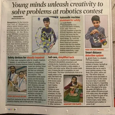 Our students' innovative projects made headlines in the Times of India. This article highlights the creativity and real-world problem-solving skills showcased at our RW2024 robotics contest, from safety devices for the visually impaired to automated soil care systems.