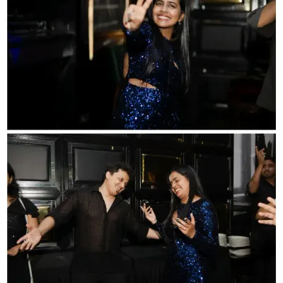 A two-photo collage showing the bride and groom dancing and having a blast at their cocktail party. I love capturing the energy of the dance floor.