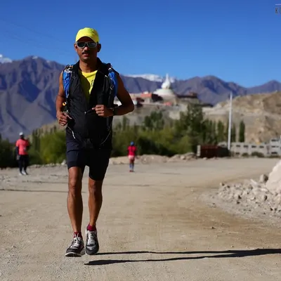 Here I am during a training run for the Ladakh Marathon, fully equipped for the high-altitude challenge. I coach and run with my team to ensure everyone is prepared.