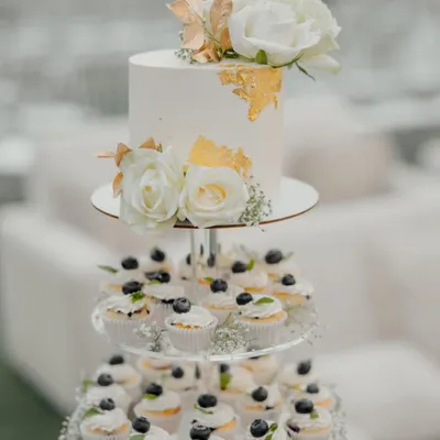 A moment of appreciation for this splendid cupcake tower. The simple elegance of the white and gold tiered cake, paired with fresh blueberry cupcakes, created a stunning centerpiece for a wedding.