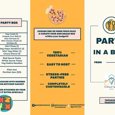 This is my official menu for the "Party in a Box" service. It shows the variety of snacks, baked delights, and mini serves you can choose from to create your own customized box.