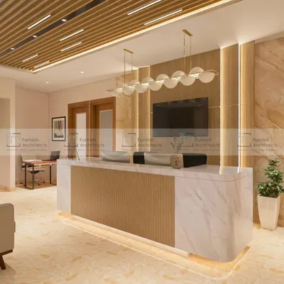 A modern hospital reception featuring a floating marble desk, warm wood accents, and elegant pendant lighting. The design aims to create a calming and welcoming first impression for patients.