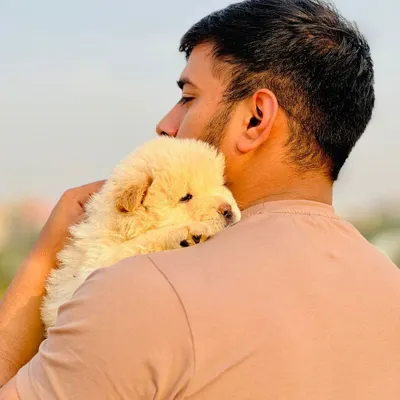 A happy customer with his new Chow Chow puppy. It's a great feeling to know that a puppy I raised has found a wonderful home and is bringing joy to someone's life.