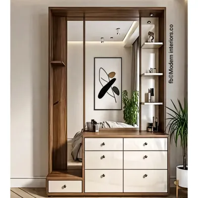 A sleek, modern dressing unit with an asymmetrical design. It features a full-length mirror, six white drawers for ample storage, and open shelving on both sides for displaying perfumes and accessories.