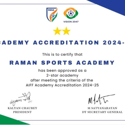 This is our official Academy Accreditation for 2024-25. Raman Sports Academy is approved as a 2-star academy by the AIFF, meeting the national criteria for excellence in football training.
