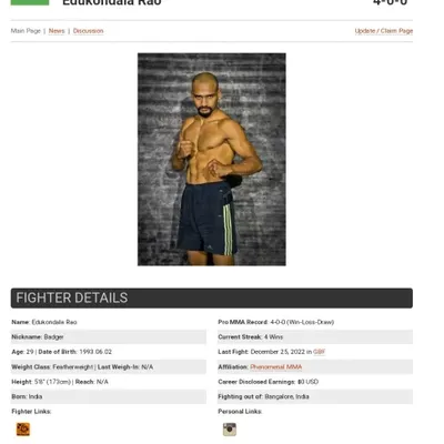 The official Tapology record for Edukondal "Badger" Rao, ranked 8th in the South Asia pro lightweight division. The stats speak for themselves.
