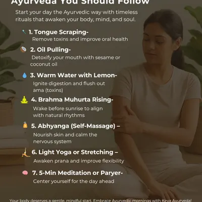 Start your day the Ayurvedic way with these powerful morning rituals. This graphic outlines simple practices like tongue scraping, oil pulling, and Abhyanga (self-massage) that I recommend to cleanse the body and calm the mind.
