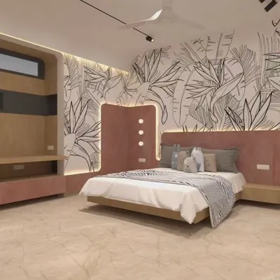 This bedroom is all about making a statement. The custom black and white tropical mural behind the bed acts as a stunning focal point. I designed an integrated desk and headboard in soft pink and light wood to create a space that is both inspiring and comfortable.