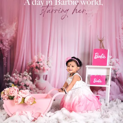 A day in Barbie world, starring her. This setup is a dream come true for little ones, with pink drapes, fluffy clouds, and all the right accessories.