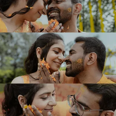 A collage of close-up, intimate moments during the Haldi. These shots focus on the playful and loving interactions between the bride and groom.