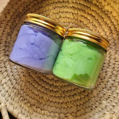 My Body Yogurts in Lavender and Lemongrass scents, sealed in glass jars. They contain SPF 30 for sun protection and have a lightweight formula that absorbs instantly.