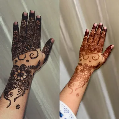 A perfect side-by-side comparison. The left shows the design with the fresh paste on, and the right shows the beautiful, deep orange stain after the paste has been removed and the color has developed.