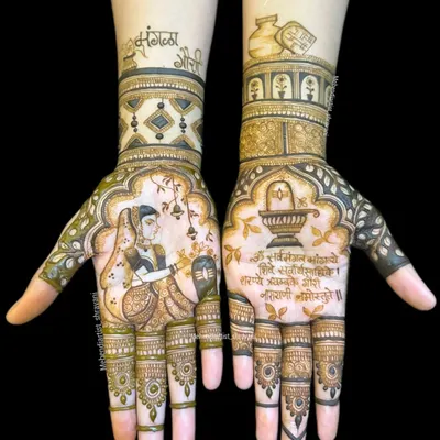 A custom design for the Mangla Gauri festival. On one palm, I depicted a woman performing the puja, and on the other, a Shivling with a sacred shloka, capturing the essence of the ritual.