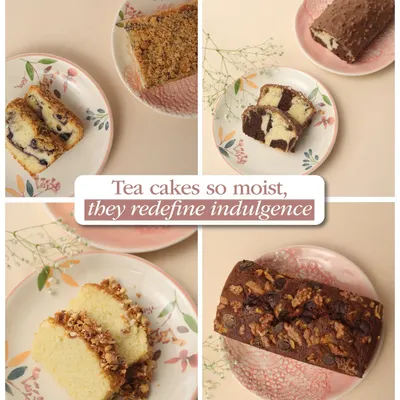 Our tea cakes are so moist, they redefine indulgence. This collage showcases the variety we offer, perfect for pairing with coffee or tea at your cafe.
