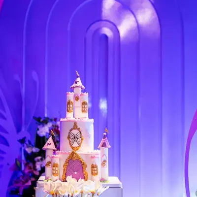 A beautiful castle cake that is every little girl's dream. This photo shows the cake at the event, where the purple lighting made it look even more magical.