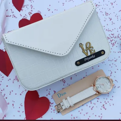 A chic and stylish gift for her, this combo includes a personalized croc-textured sling bag and a matching Dios wristwatch. This set is shown in a beautiful pure white color.