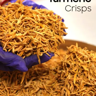 These are my Turmeric Crisps, made from young, seasonal turmeric found only in the winter. They are less fibrous and cleaner in texture, making them extra crispy and flavourful.
