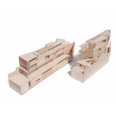 A detailed section model of a private office project in Hyderabad, which we call Office A. Physical models are one of our favorite tools for studying the complex interplay of space, light, and material.