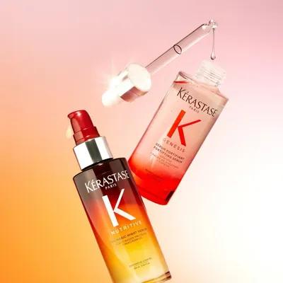 A powerful duo from Kérastase. The Genesis serum fortifies weakened hair to prevent fall, while the Nutritive 8H Magic Night Serum deeply nourishes your hair while you sleep.