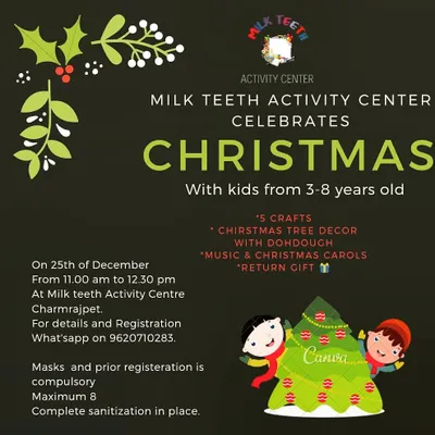This poster outlines our Christmas celebration for 3-8 year olds, which was packed with activities. The session included five different crafts, decorating a Christmas tree with DohDough, singing carols, and a special return gift for every child.