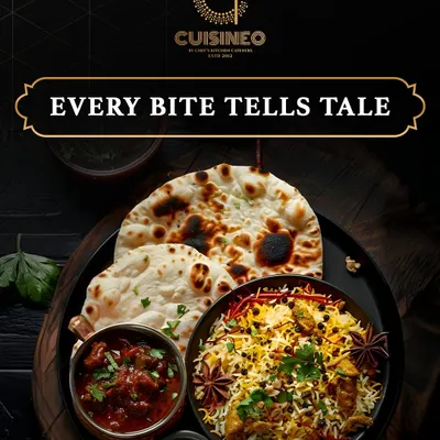 Every bite we serve tells a tale of flavor and passion. This classic Indian meal of biryani, curry, and naan is a perfect example of the stories we narrate from our kitchen to your plate.
