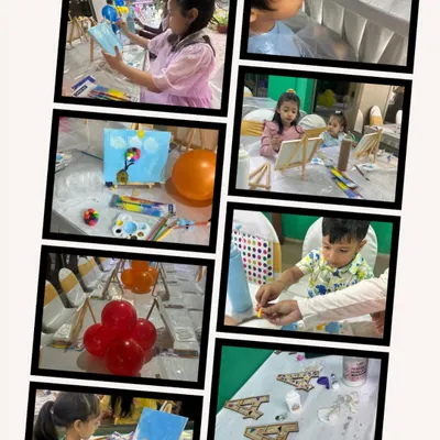 A collage of happy moments from a kids' art party. From painting rainbows to creating their initials, I offer a variety of fun projects to make any birthday a creative blast.