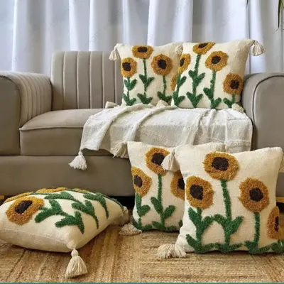 Brighten up your sofa with our best-selling sunflower tufted cushion covers. The textured, handmade feel and cheerful design bring a touch of boho sunshine indoors.