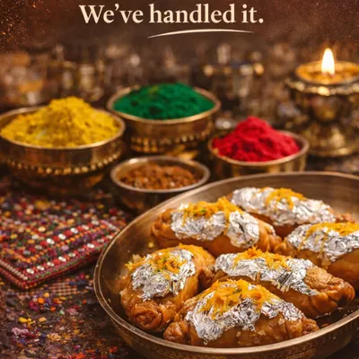 Let us handle the food so you can relax and enjoy the festival of colours. Our limited-batch Holi specials, like these delicious Gujiyas, are made with traditional recipes.