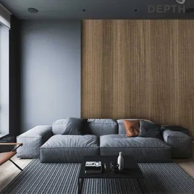 A minimalist living room is given warmth and texture with a single, large feature panel of my textured wood veneer. It acts as a piece of art, grounding the space.